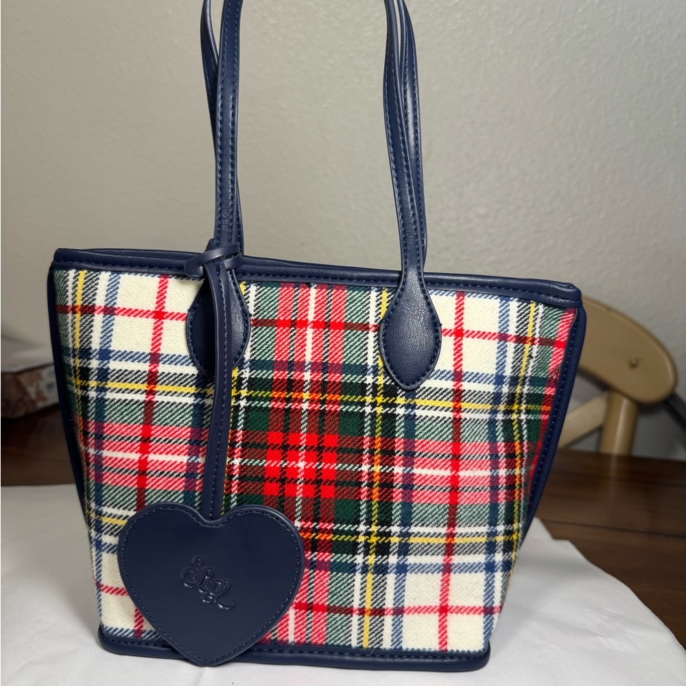 Stoney Clover Lane Little Tote-Blue/Plaid-Heart Charm Mini purse/ Bag